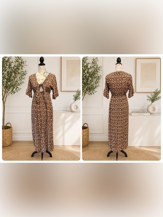 Luna Chix Dresses & Skirts - LunaChix Floral Tie-Front Maxi Dress - Boho Short Ruffle Sleeve - XS